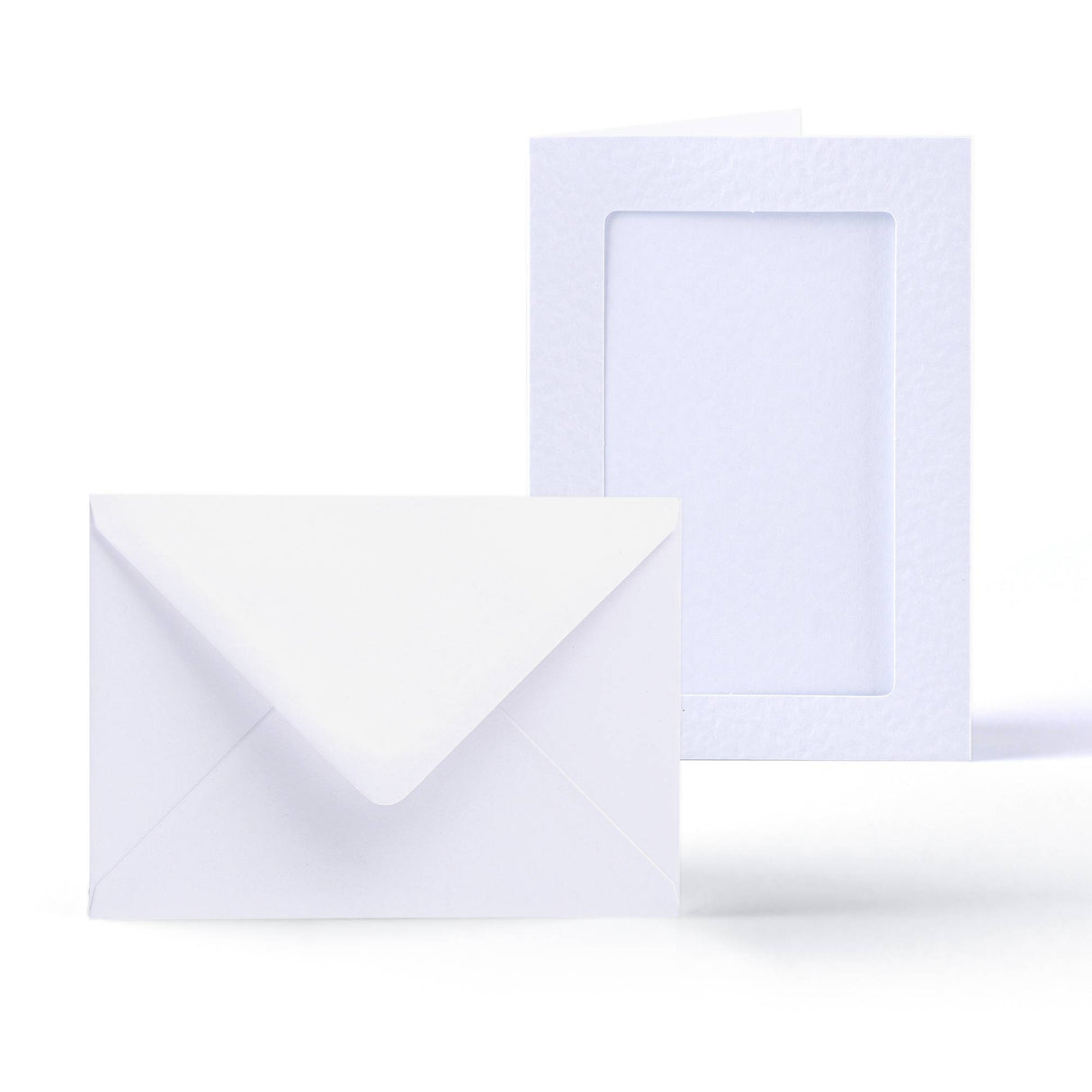 Pack de tarjetas blancas con textura martillada y ventana rectangular